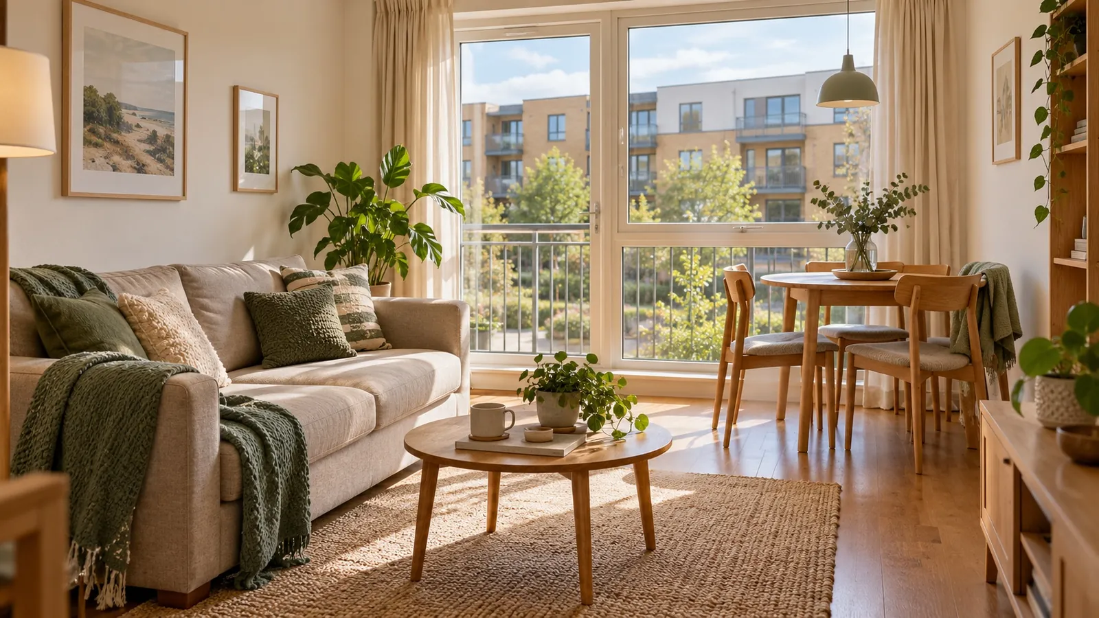 A bright apartment living room with large windows