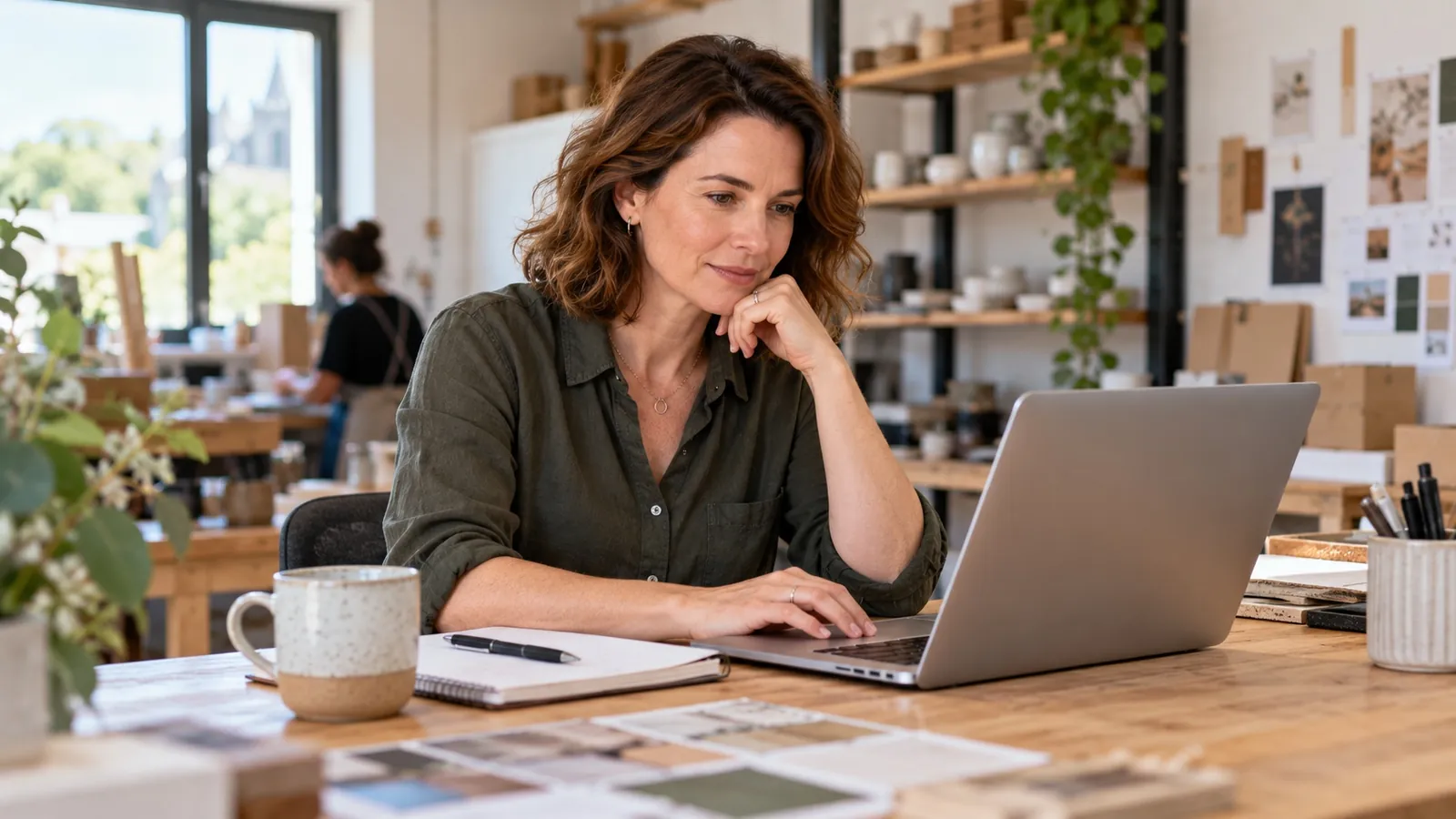 A business owner working on a laptop in her studio