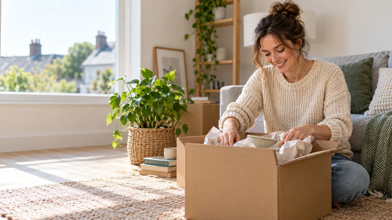 A first-time buyer unpacking a moving box in her new living room