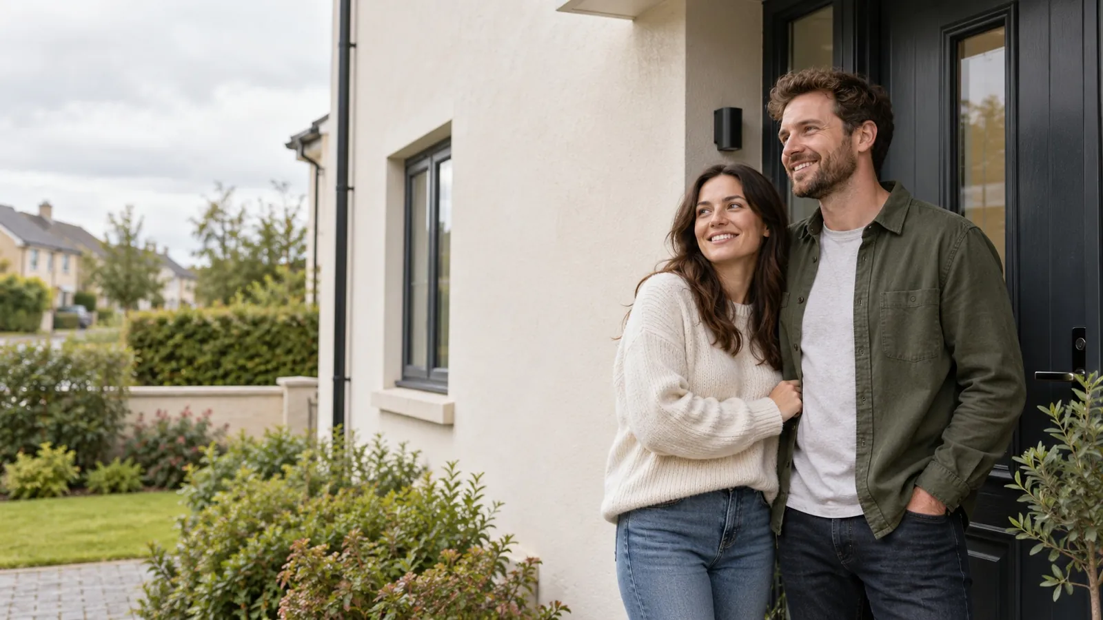 A smiling couple standing at the front door of their new home