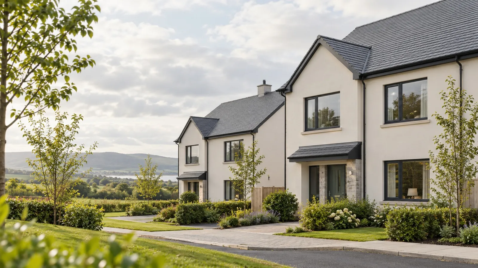 A row of newly built family homes with young trees and a view to the hills