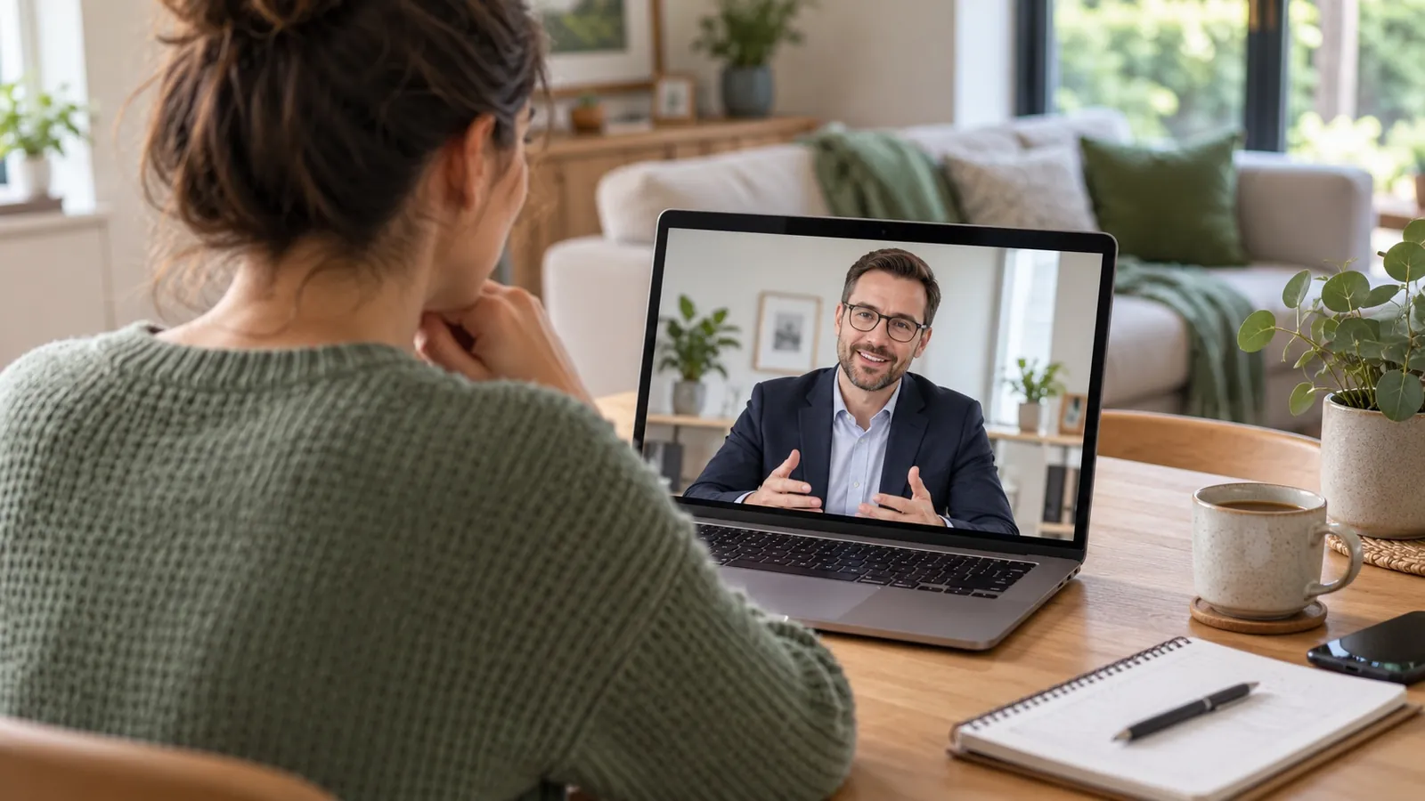 A person at home on a video call with a mortgage adviser