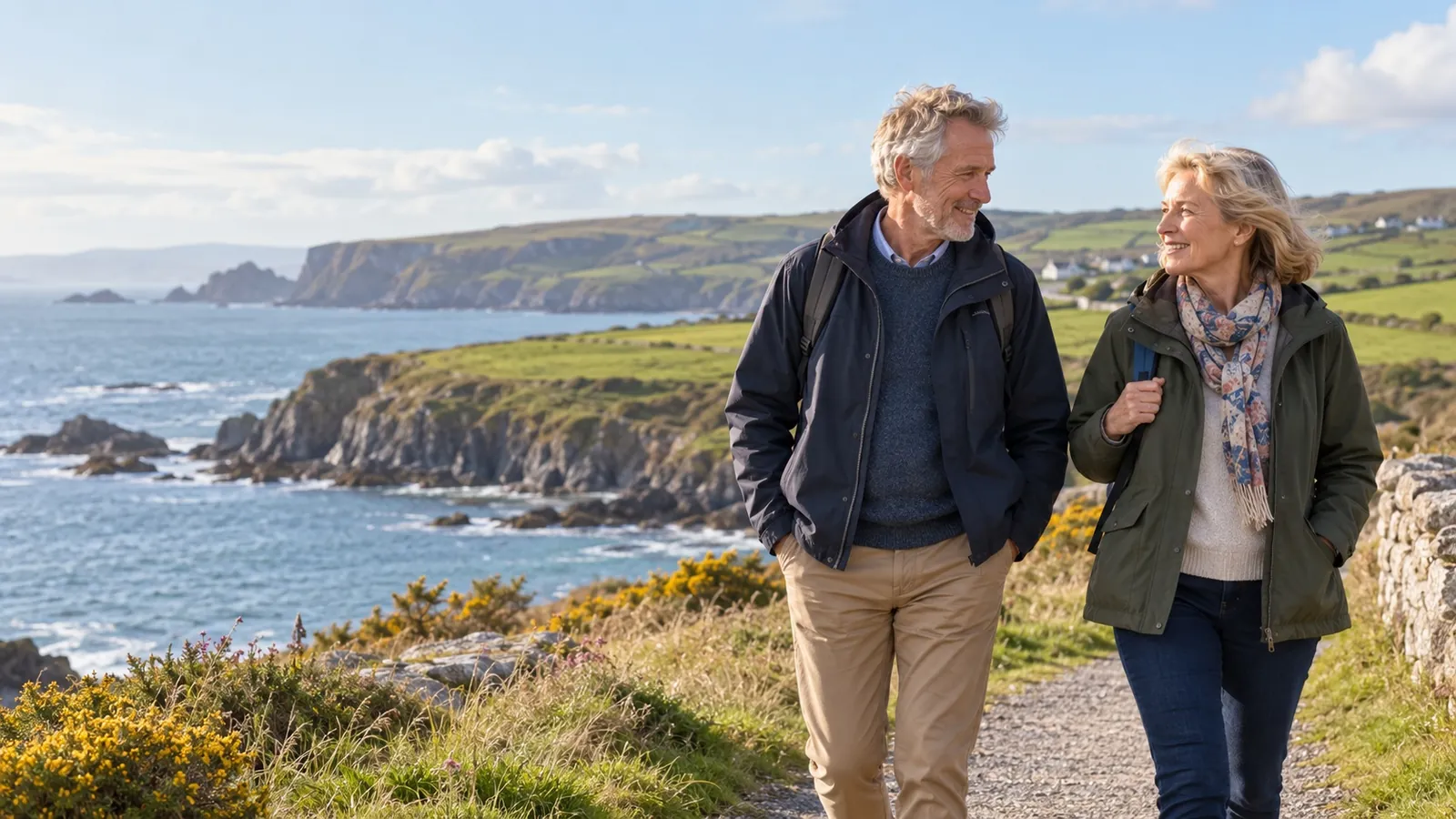A retired couple walking a coastal path above the sea