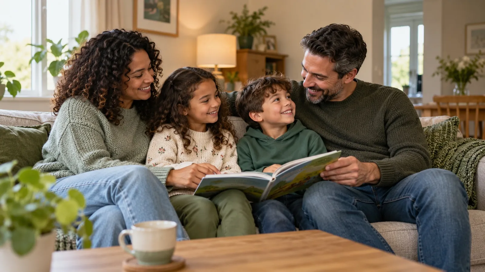 A family of four reading a book together on the sofa at home