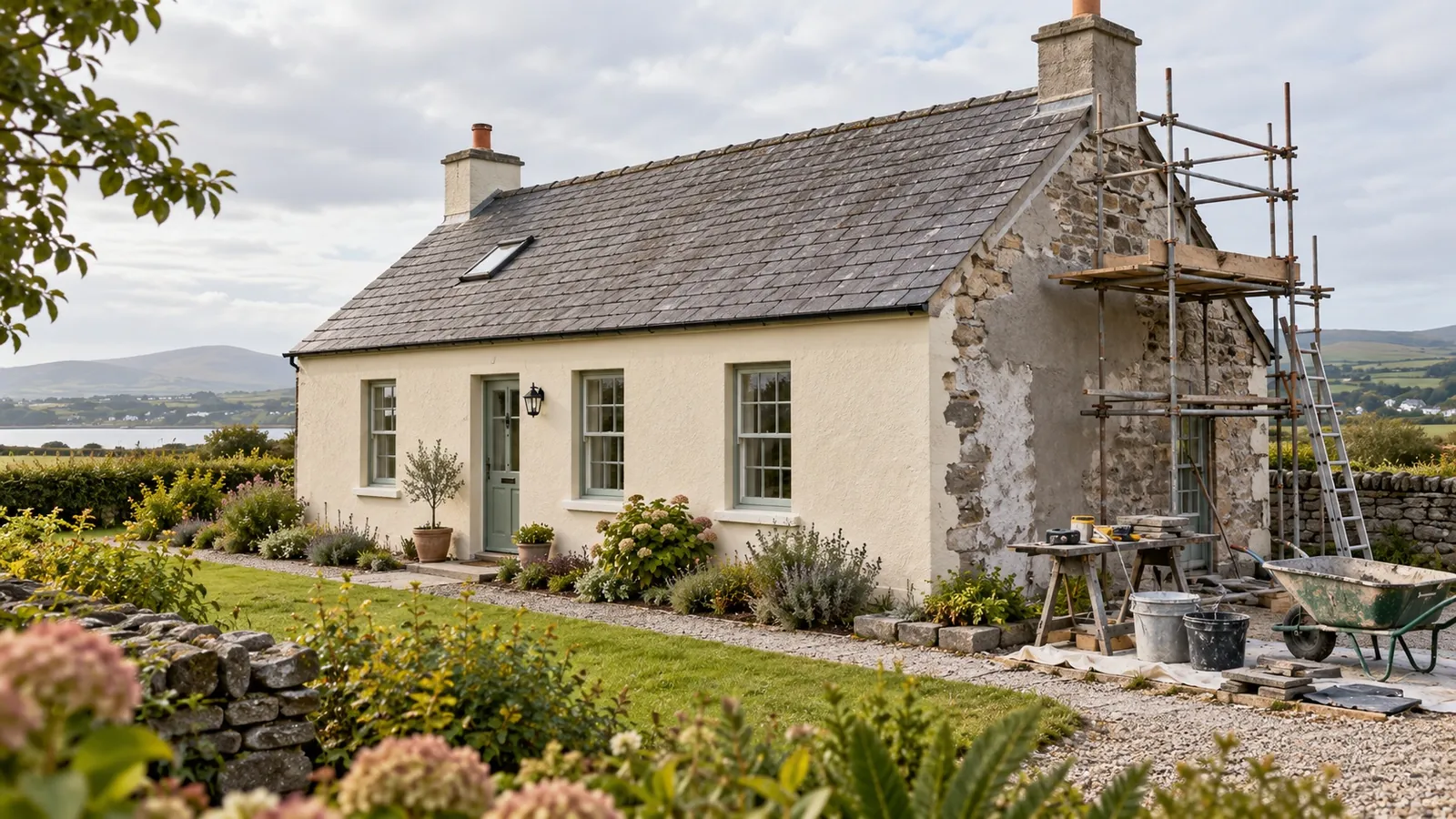 An older Irish cottage partway through renovation, with scaffolding on the gable end