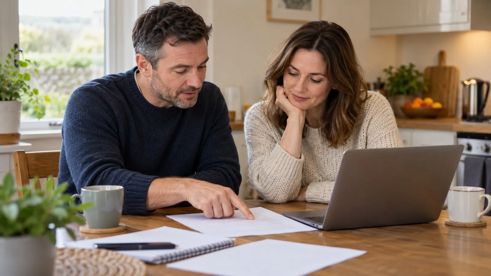 Two homeowners reviewing their mortgage paperwork and laptop at the kitchen table
